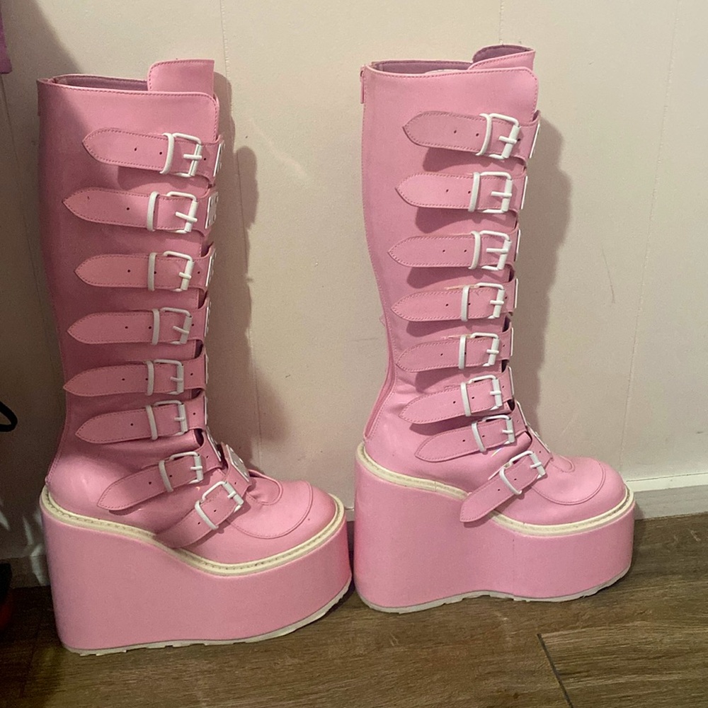 size 9 baby pink holographic demonias